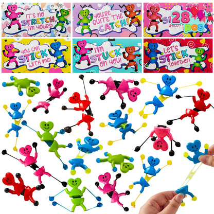 28 Pack Valentine's Day Sticky Man Toys with Cards, Classroom Exchange Gift for Kids