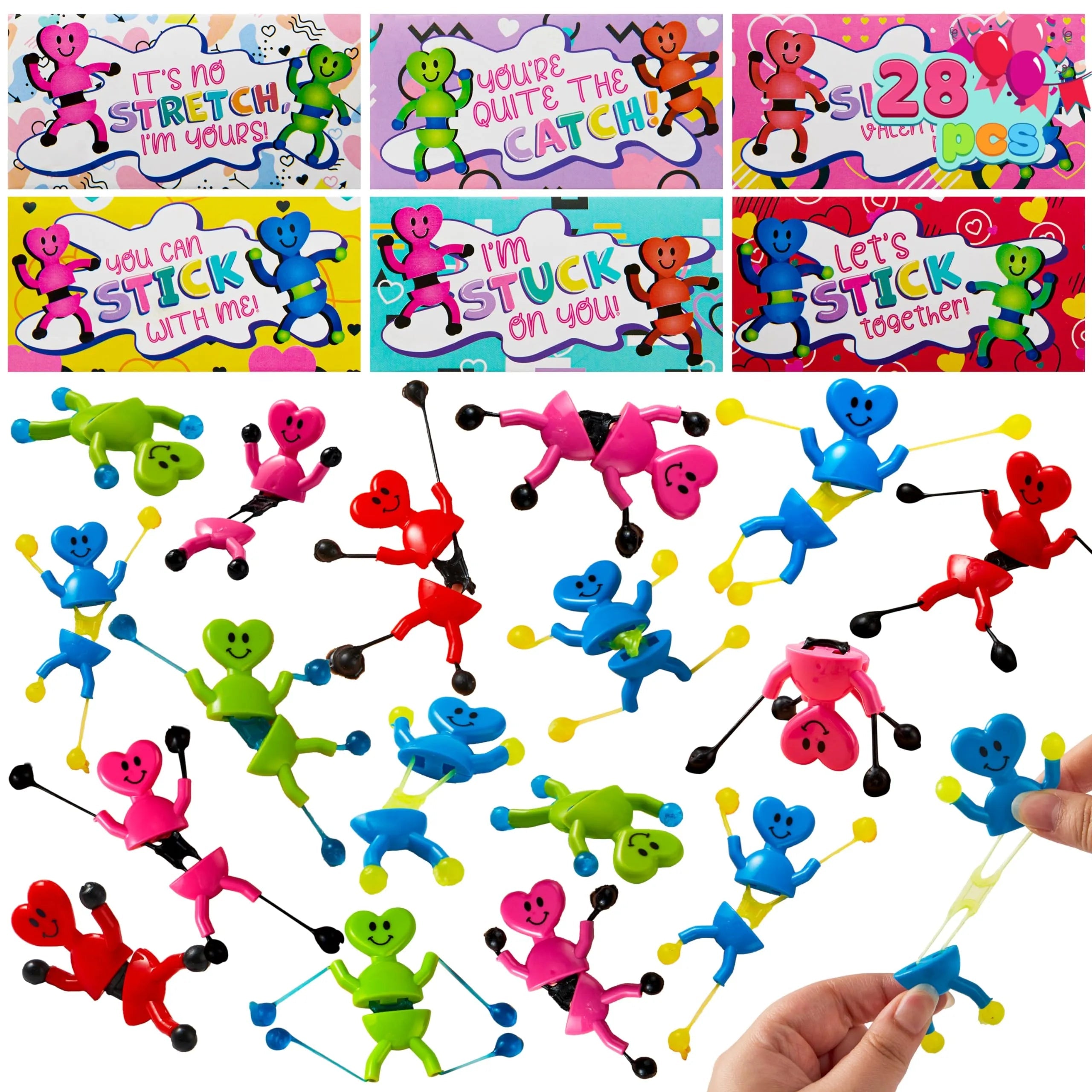 28 Pack Valentine's Day Sticky Man Toys with Cards, Classroom Exchange Gift for Kids