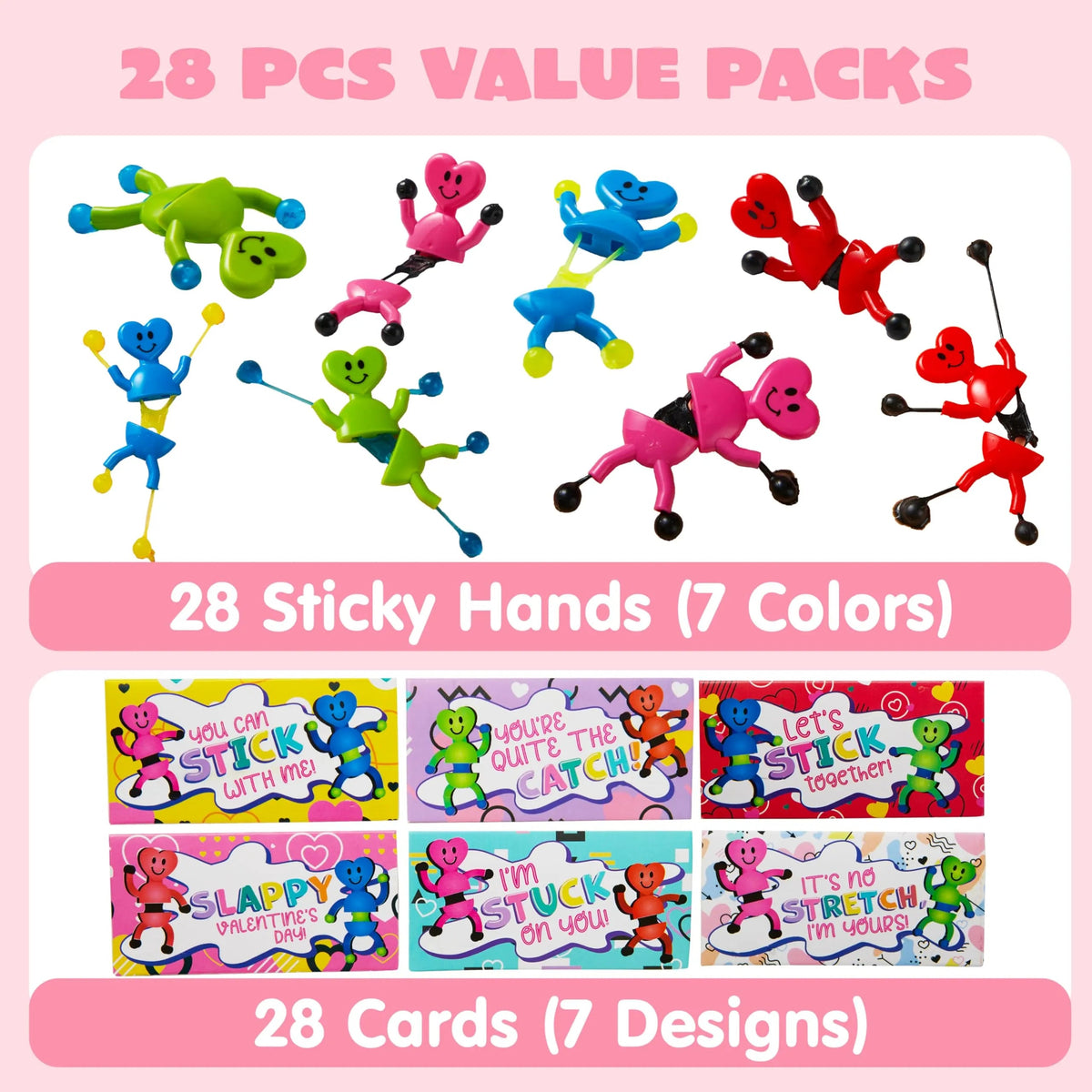 28 Pack Valentine's Day Sticky Man Toys with Cards, Classroom Exchange Gift for Kids