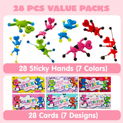 28 Pack Valentine's Day Sticky Man Toys with Cards, Classroom Exchange Gift for Kids