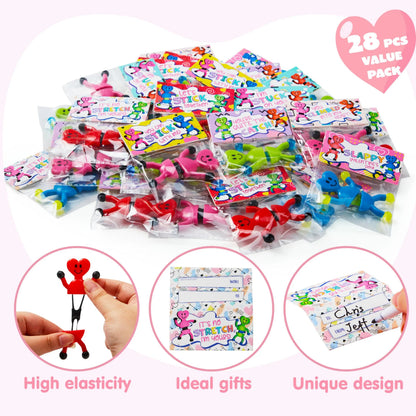 28 Pack Valentine's Day Sticky Man Toys with Cards, Classroom Exchange Gift for Kids