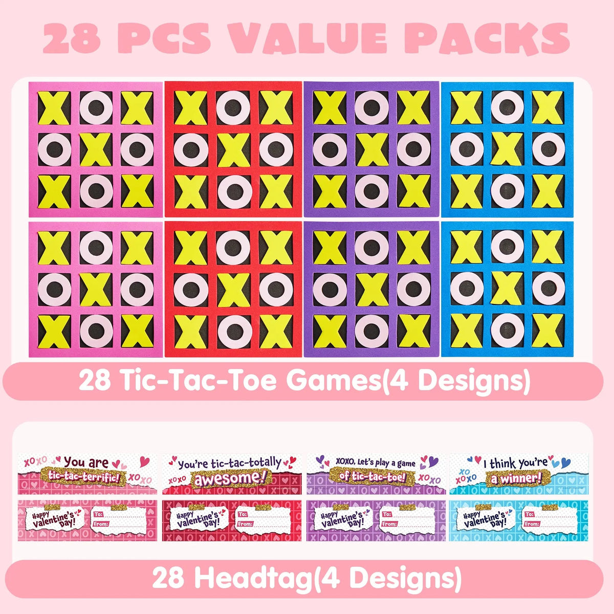 28 Pack Valentine's Day Gift Cards with Foam Tic-Tac-Toe Mini Board Game Toys