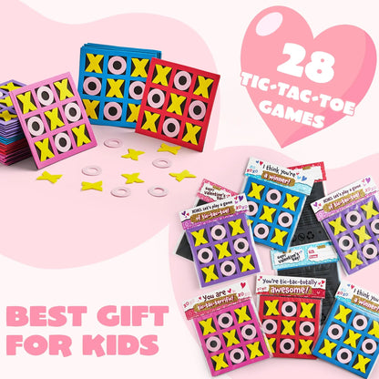 28 Pack Valentine's Day Gift Cards with Foam Tic-Tac-Toe Mini Board Game Toys