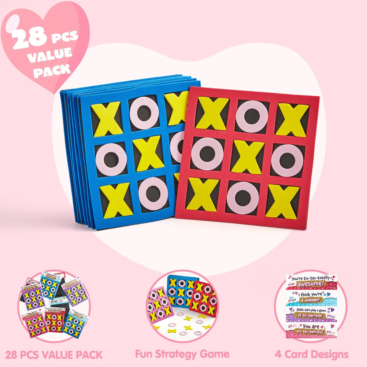 28 Pack Valentine's Day Gift Cards with Foam Tic-Tac-Toe Mini Board Game Toys