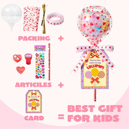 Giant Valentine Lollipop Stationery Set (28 Packs) with Cards, Pencils, Erasers, Stampers, Sharpener, and Stickers