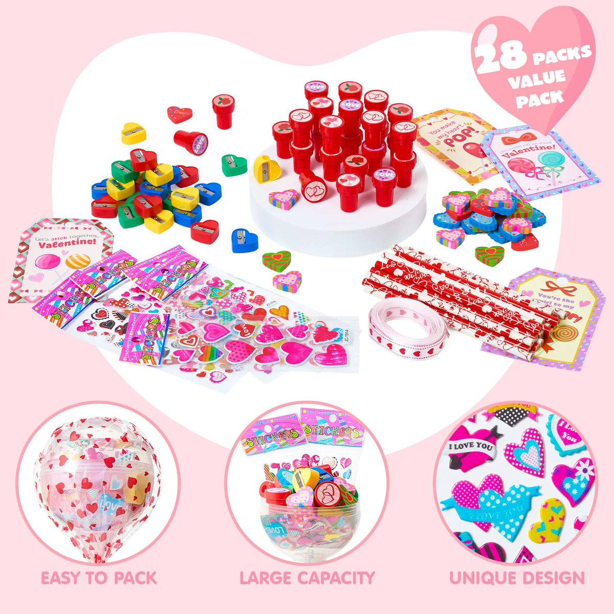 Giant Valentine Lollipop Stationery Set (28 Packs) with Cards, Pencils, Erasers, Stampers, Sharpener, and Stickers