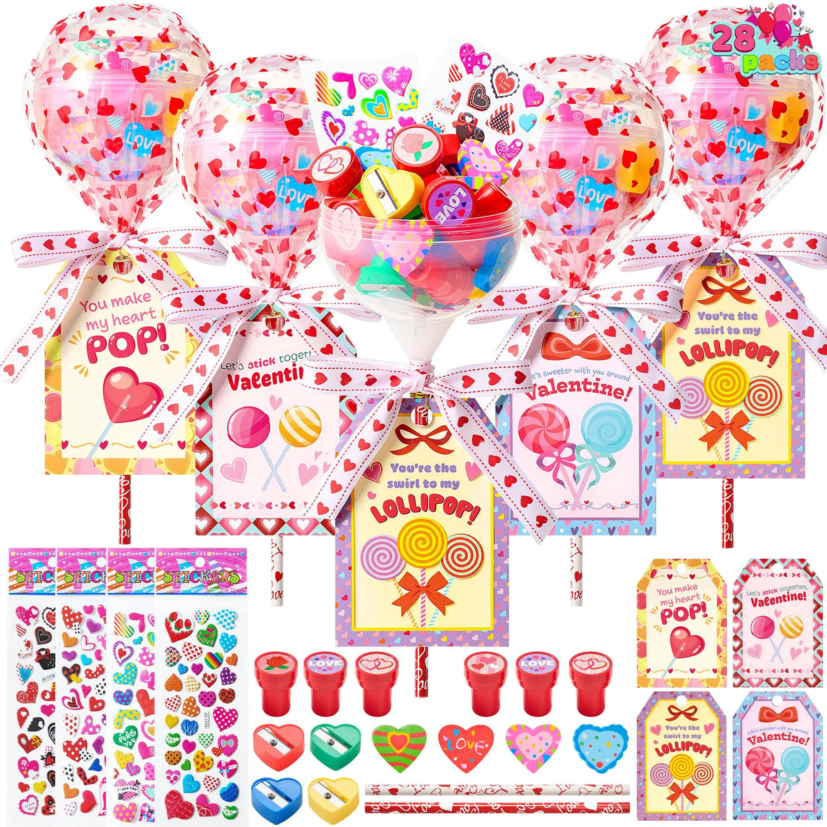 Giant Valentine Lollipop Stationery Set (28 Packs) with Cards, Pencils, Erasers, Stampers, Sharpener, and Stickers