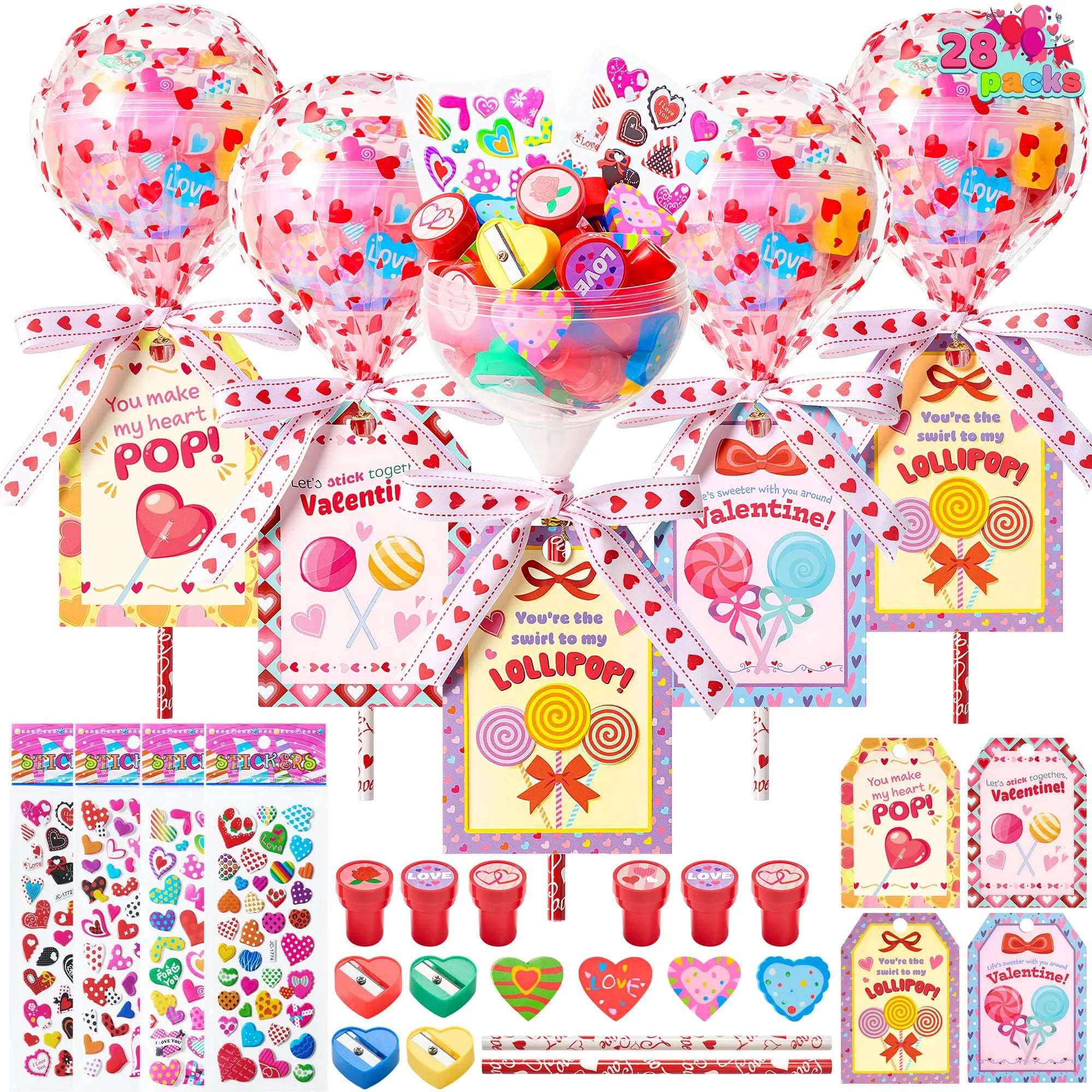 Giant Valentine Lollipop Stationery Set (28 Packs) with Cards, Pencils, Erasers, Stampers, Sharpener, and Stickers
