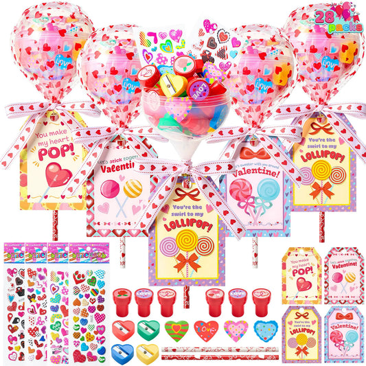 Giant Valentine Lollipop Stationery Set (28 Packs) with Cards, Pencils, Erasers, Stampers, Sharpener, and Stickers