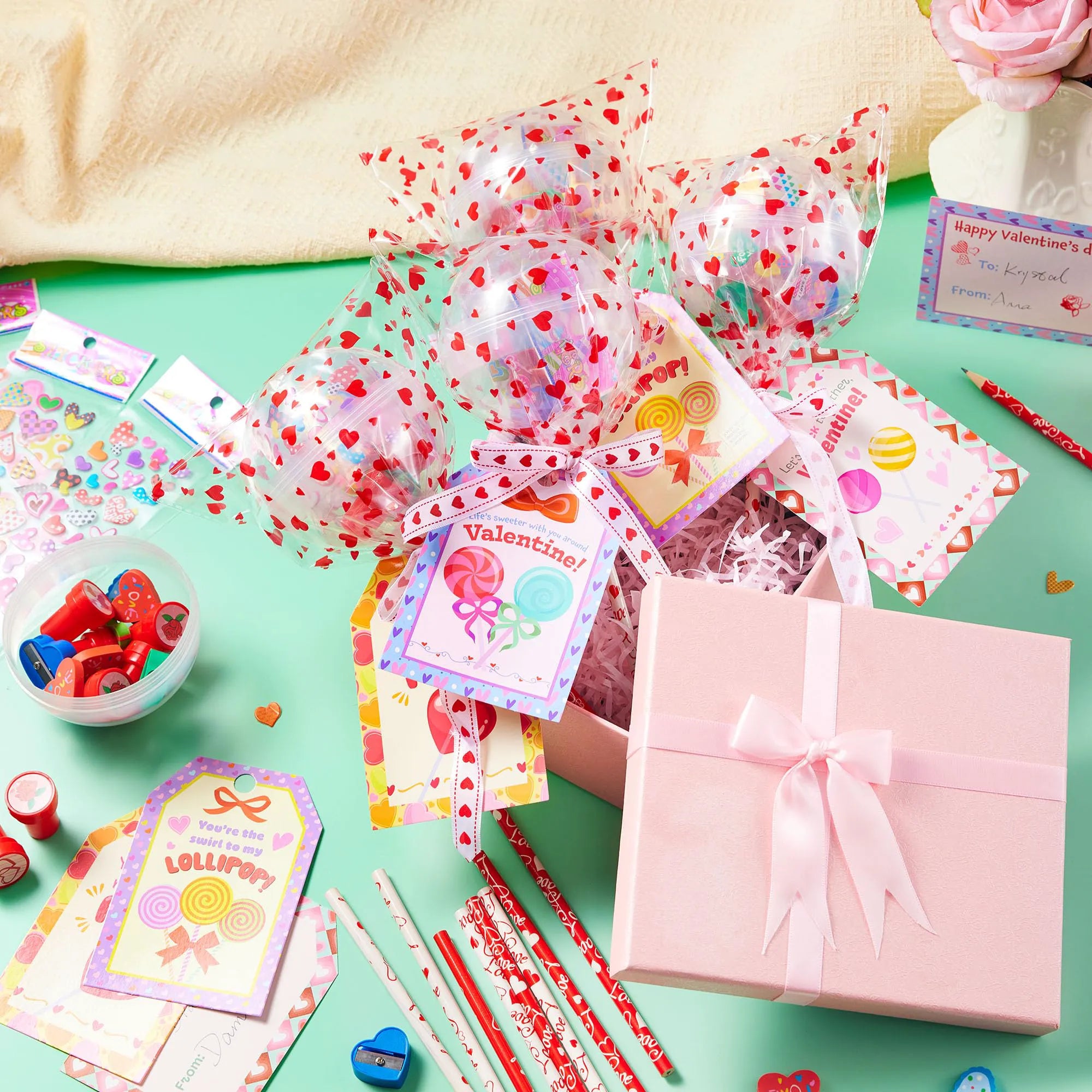 Giant Valentine Lollipop Stationery Set (28 Packs) with Cards, Pencils, Erasers, Stampers, Sharpener, and Stickers
