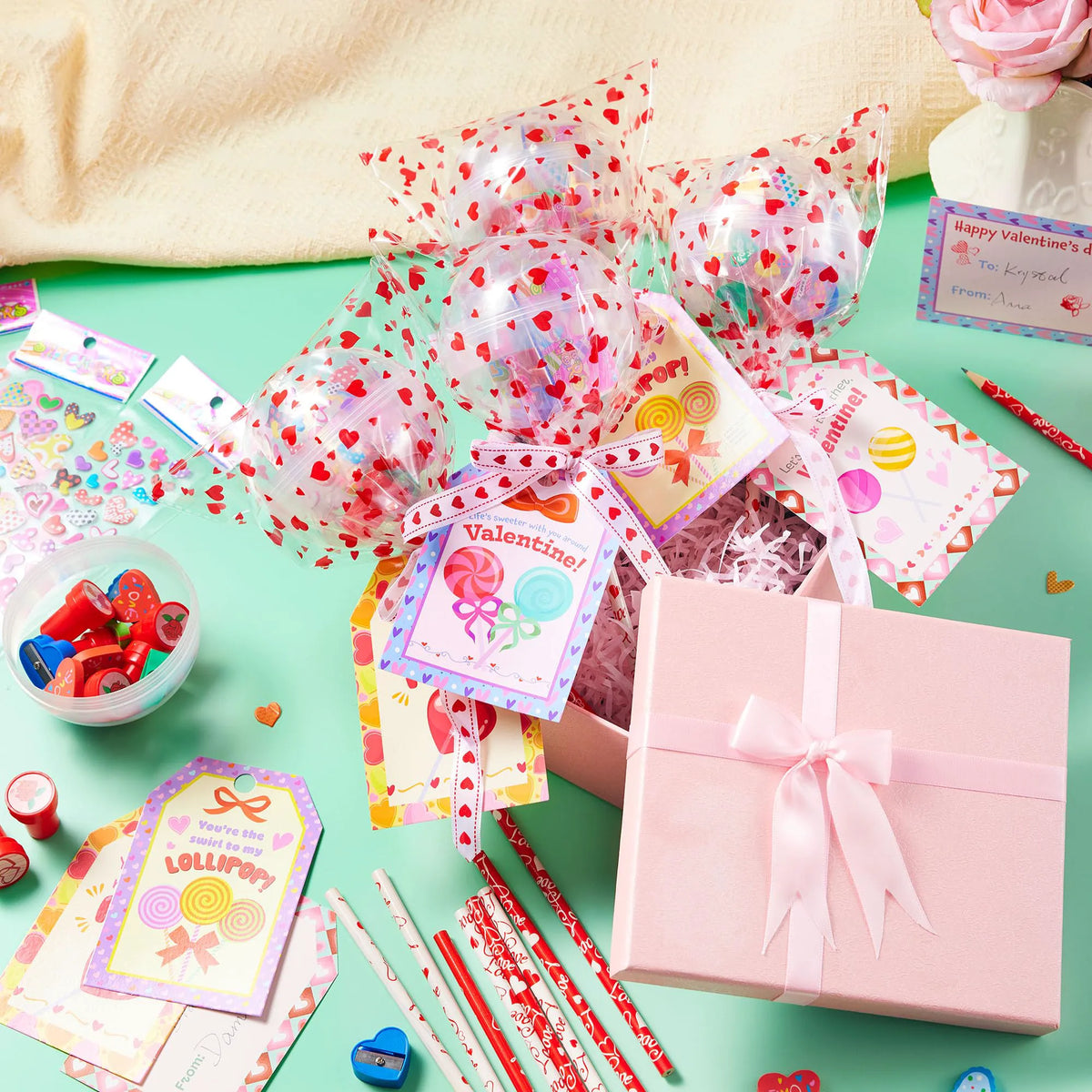 Giant Valentine Lollipop Stationery Set (28 Packs) with Cards, Pencils, Erasers, Stampers, Sharpener, and Stickers