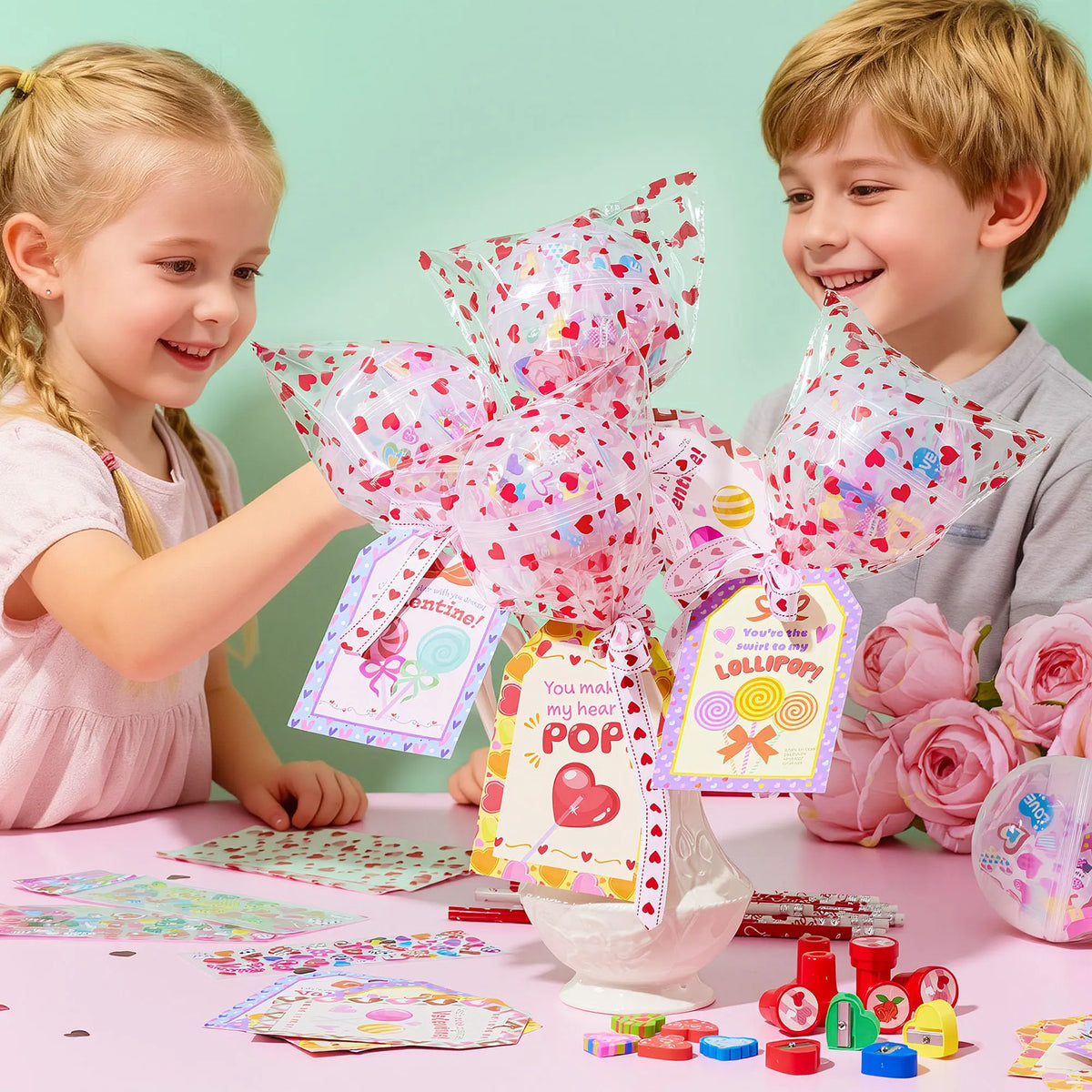 Giant Valentine Lollipop Stationery Set (28 Packs) with Cards, Pencils, Erasers, Stampers, Sharpener, and Stickers