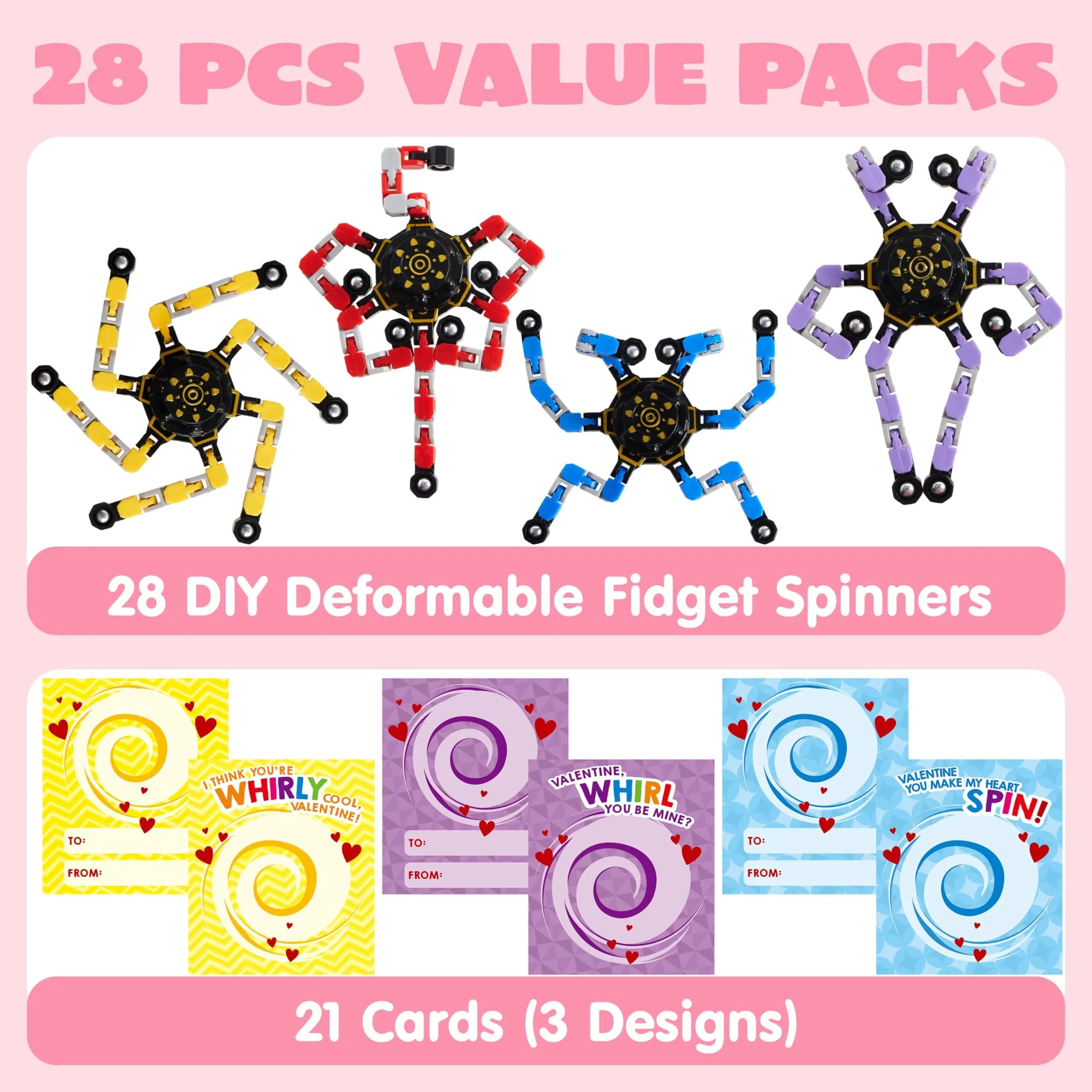 28 Packs Valentine's Day Gift Cards with Fidget Spinners, 3 Designs, for Kids School Exchange