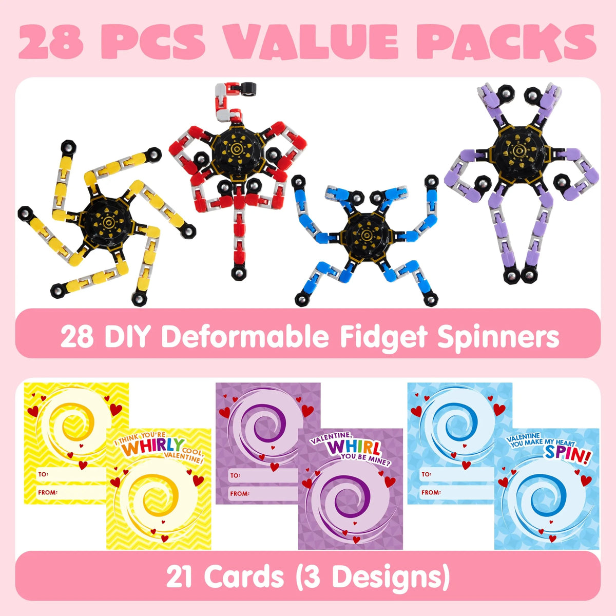 28 Packs Valentine's Day Gift Cards with Fidget Spinners, 3 Designs, for Kids School Exchange