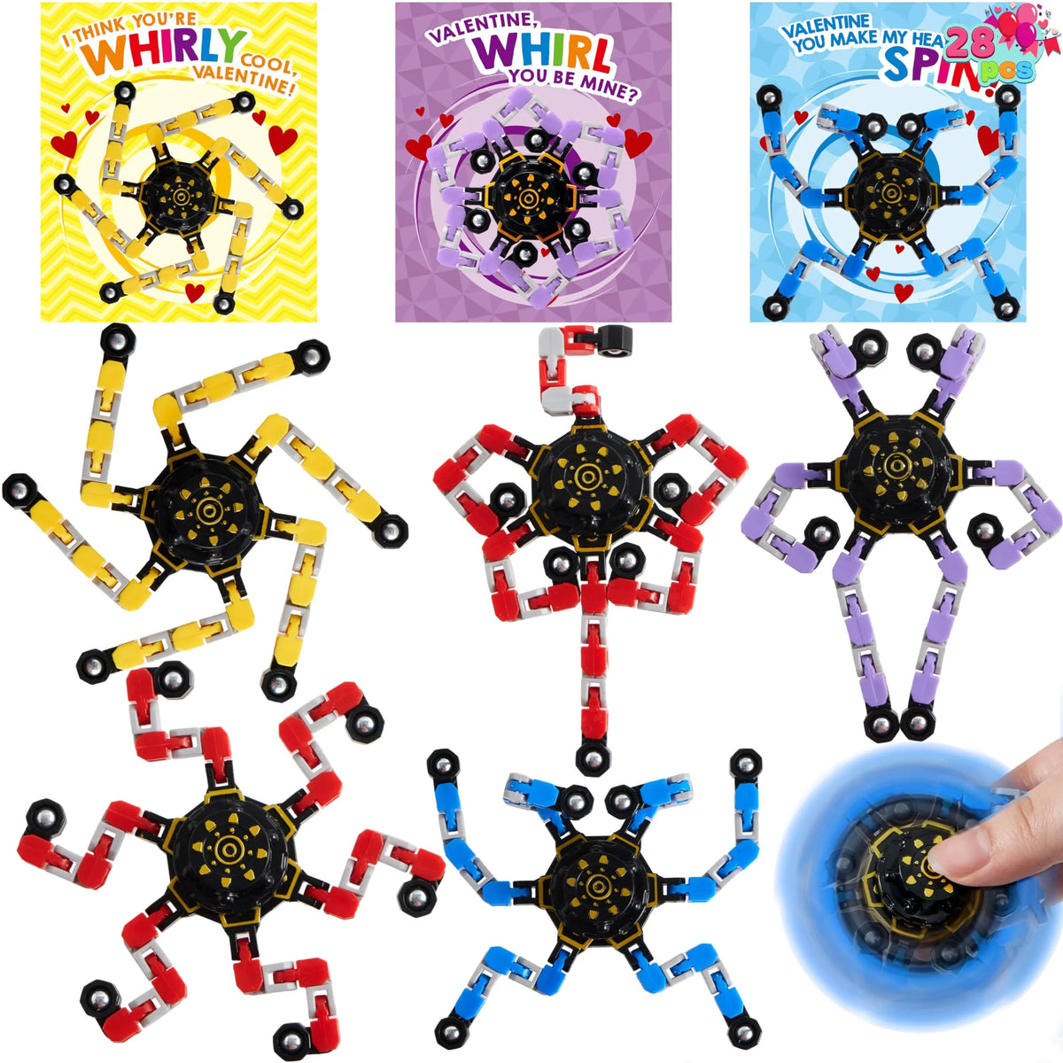 28 Packs Valentine's Day Gift Cards with Fidget Spinners, 3 Designs, for Kids School Exchange
