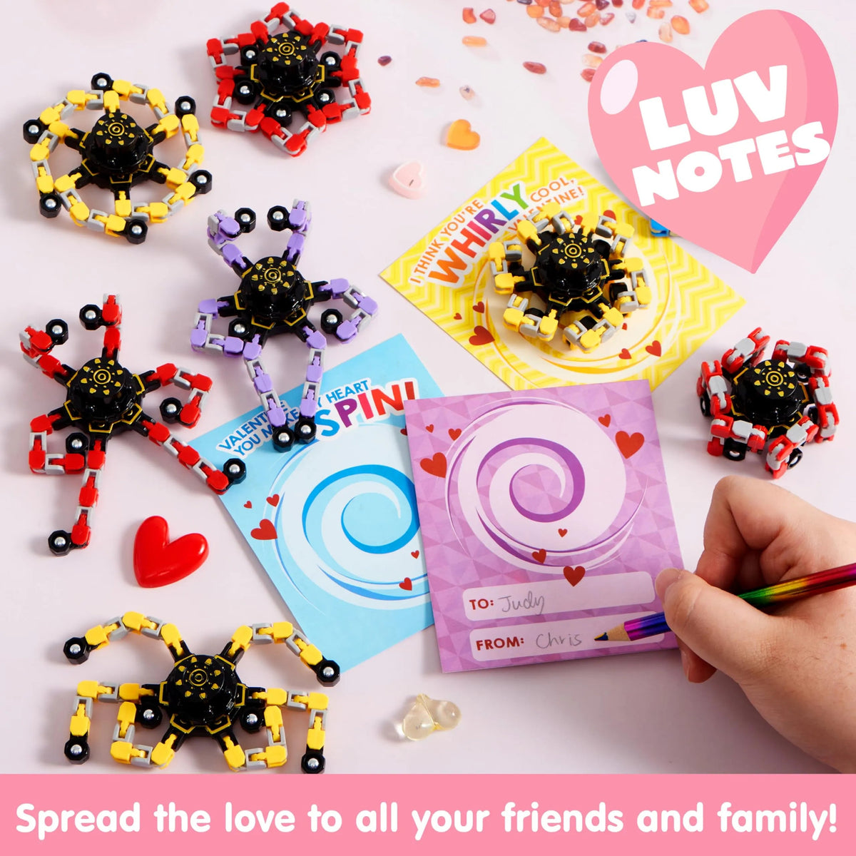 28 Packs Valentine's Day Gift Cards with Fidget Spinners, 3 Designs, for Kids School Exchange
