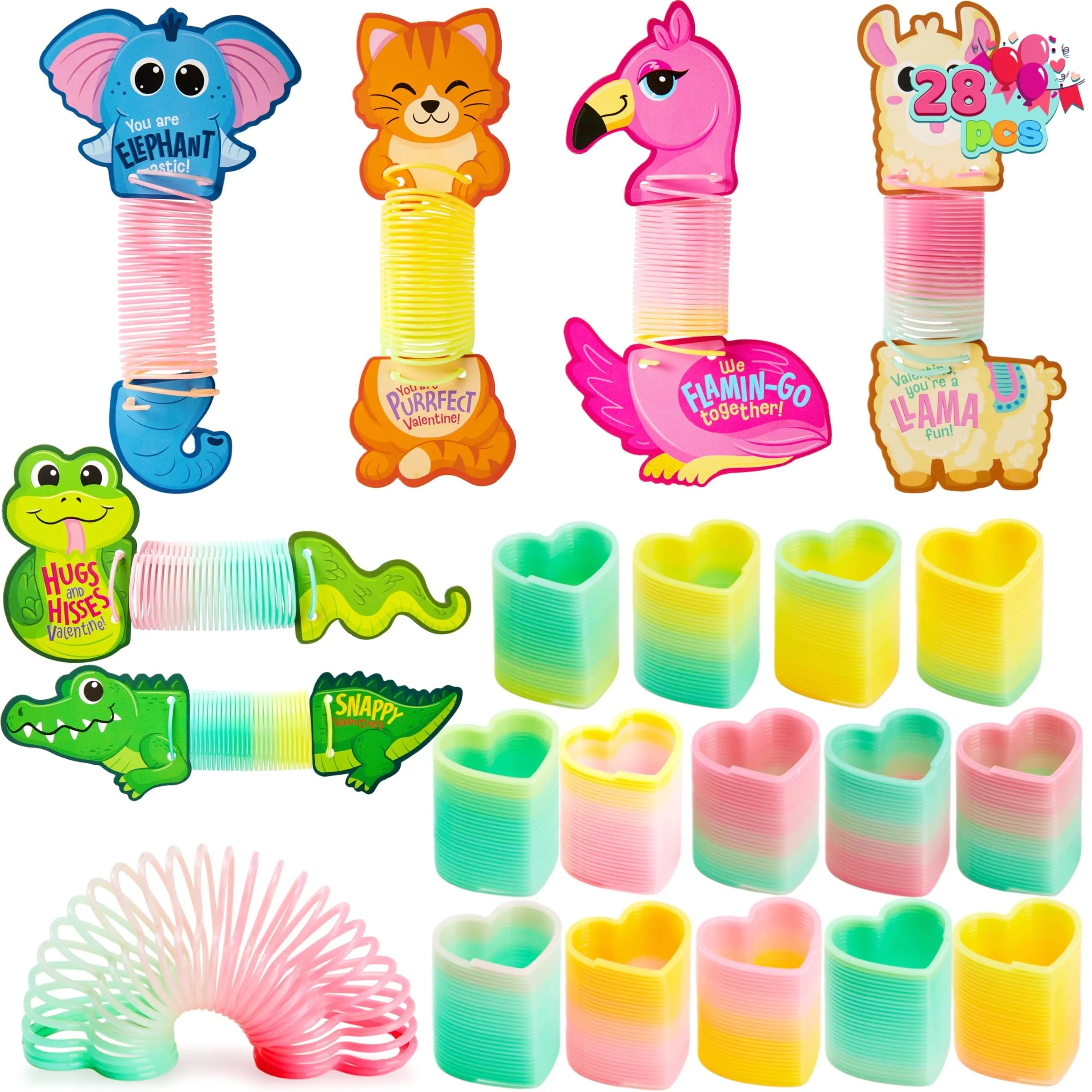 28 Valentine's Day Critter Kind Gift Cards with Colored Springs for Kids Classroom Exchange
