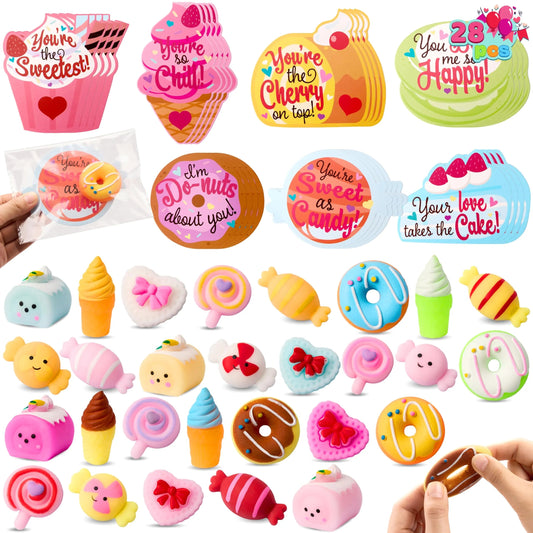 28 Packs Valentine's Day Cards with Candy Mochi Squishy Toys for Kids Classroom Exchange