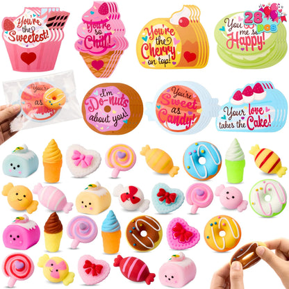 28 Packs Valentine's Day Cards with Candy Mochi Squishy Toys for Kids Classroom Exchange