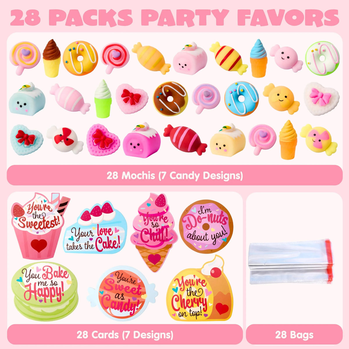 28 Packs Valentine's Day Cards with Candy Mochi Squishy Toys for Kids Classroom Exchange
