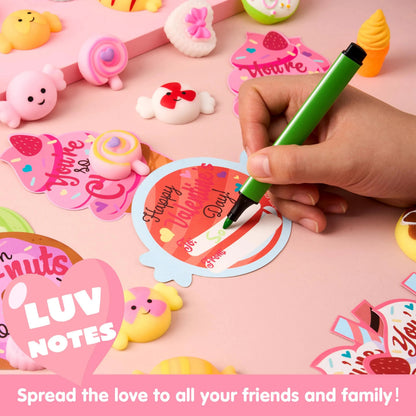 28 Packs Valentine's Day Cards with Candy Mochi Squishy Toys for Kids Classroom Exchange