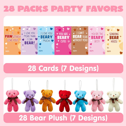 28 Packs Valentine's Day Cards with Mini Bear Plush Toys for Kids Classroom Exchange