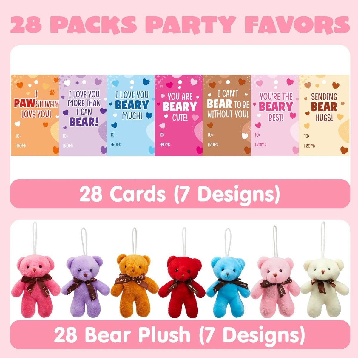 28 Packs Valentine's Day Cards with Mini Bear Plush Toys for Kids Classroom Exchange