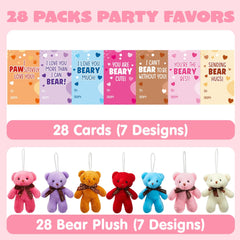 28 Packs Valentine's Day Cards with Mini Bear Plush Toys for Kids Classroom Exchange