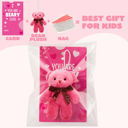 28 Packs Valentine's Day Cards with Mini Bear Plush Toys for Kids Classroom Exchange