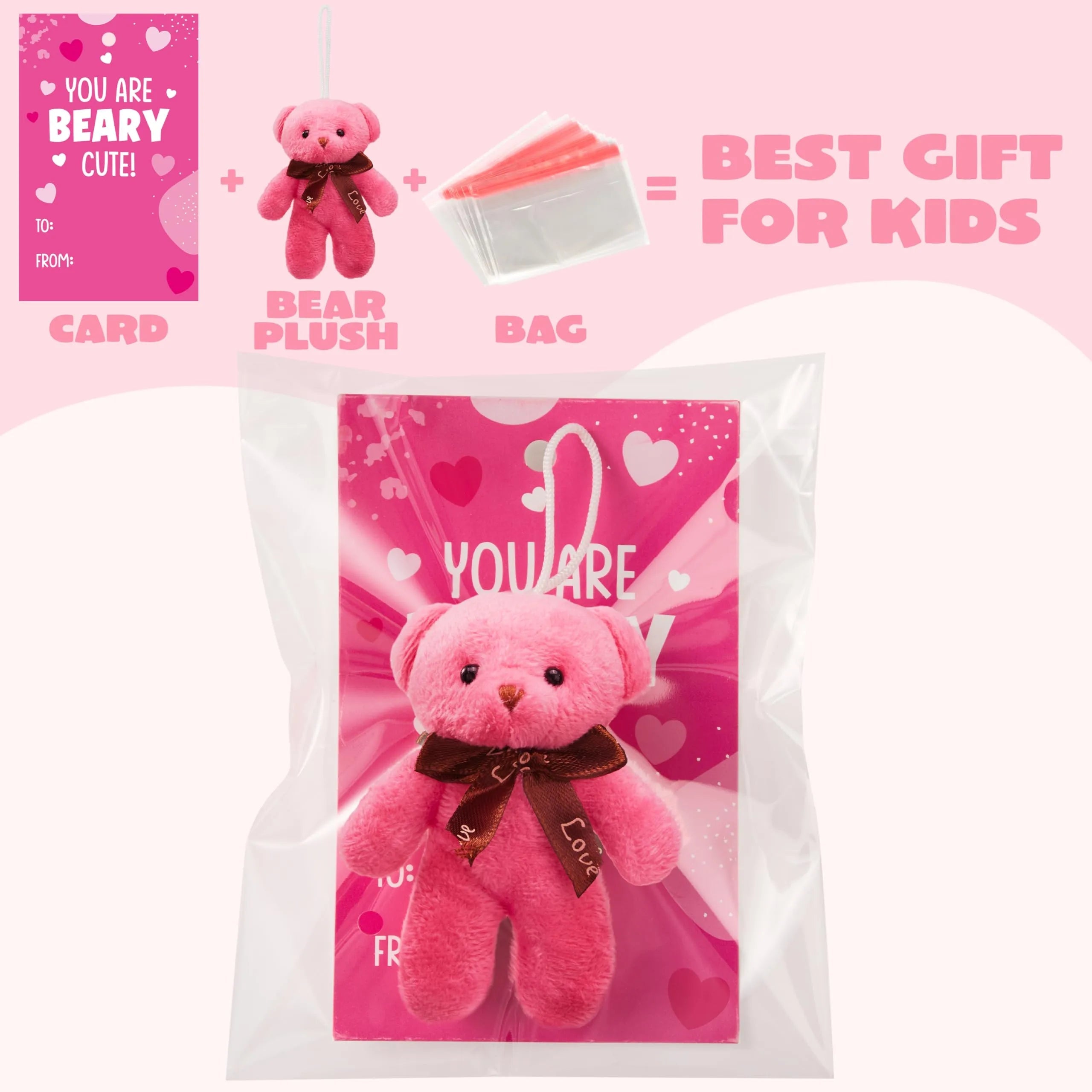 28 Packs Valentine's Day Cards with Mini Bear Plush Toys for Kids Classroom Exchange
