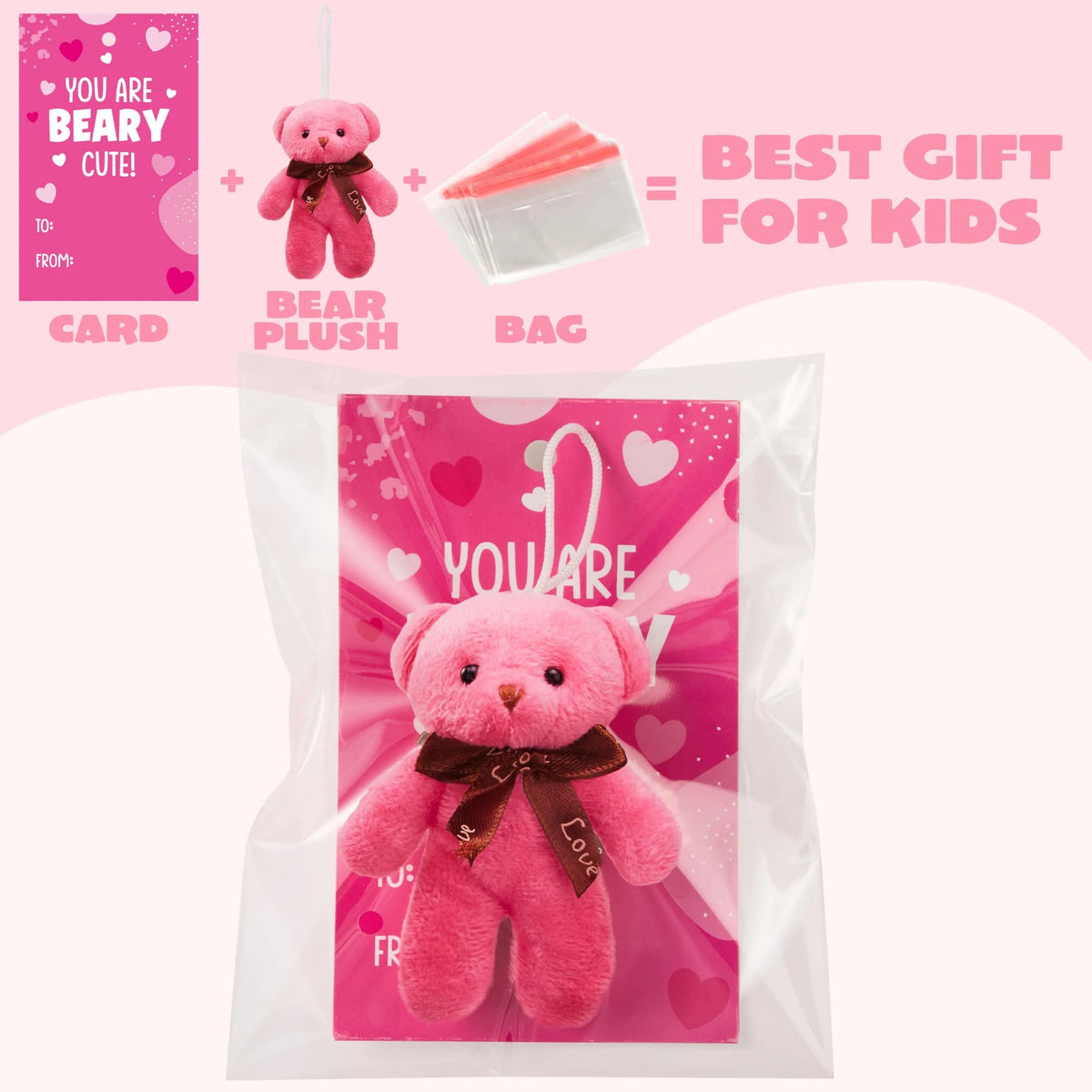 28 Packs Valentine's Day Cards with Mini Bear Plush Toys for Kids Classroom Exchange