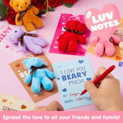 28 Packs Valentine's Day Cards with Mini Bear Plush Toys for Kids Classroom Exchange