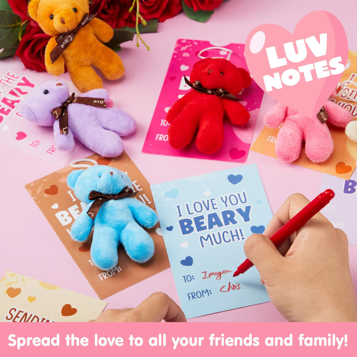 28 Packs Valentine's Day Cards with Mini Bear Plush Toys for Kids Classroom Exchange