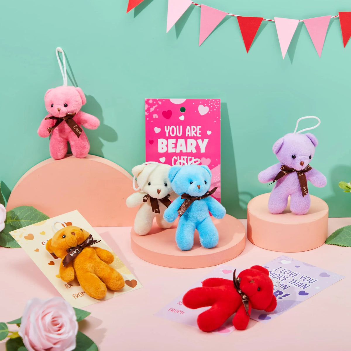 28 Packs Valentine's Day Cards with Mini Bear Plush Toys for Kids Classroom Exchange