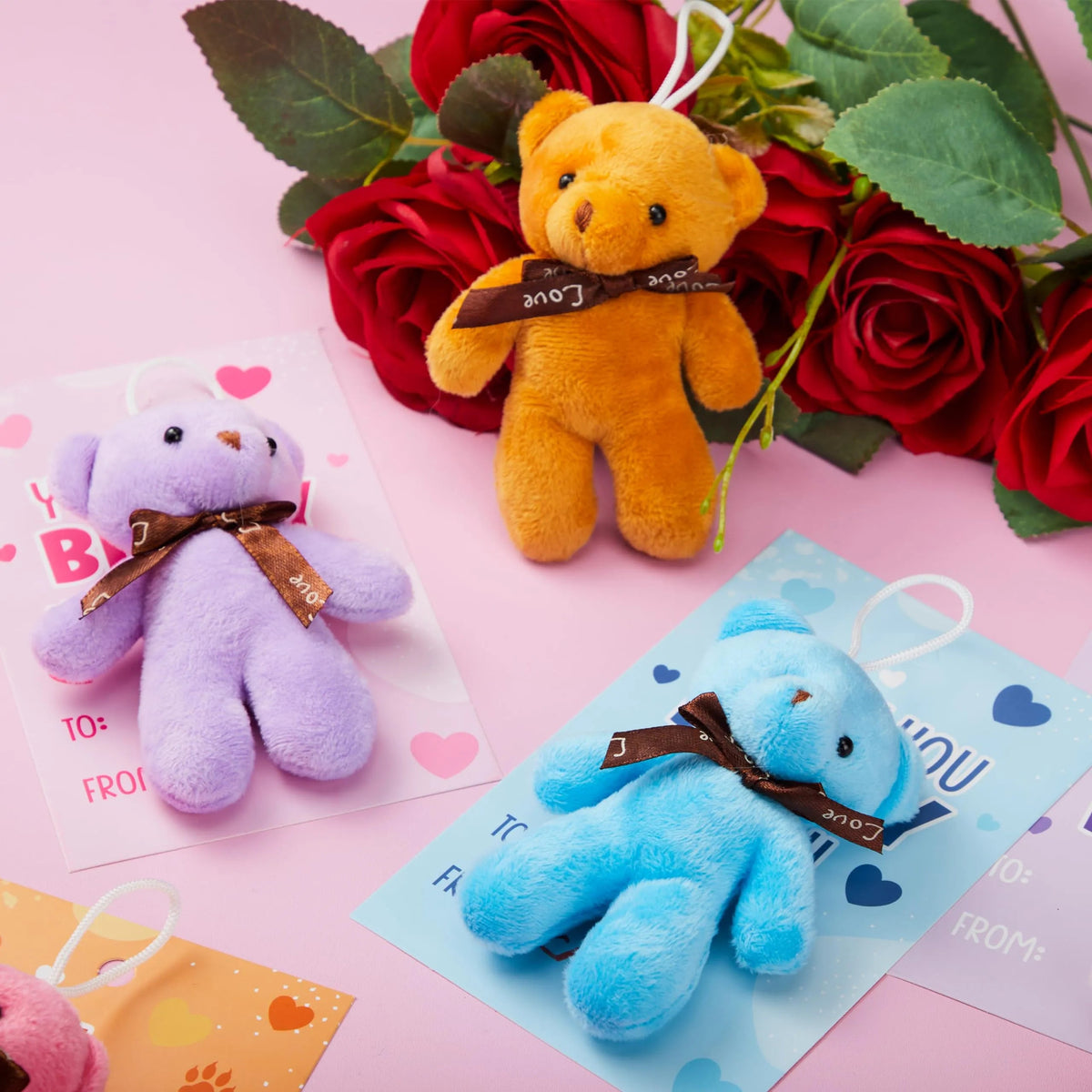 28 Packs Valentine's Day Cards with Mini Bear Plush Toys for Kids Classroom Exchange