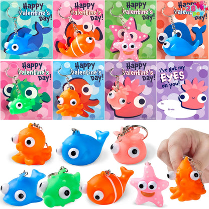 28 Valentine's Day Gift Cards with Sea Animal Pop-Eye Keychains