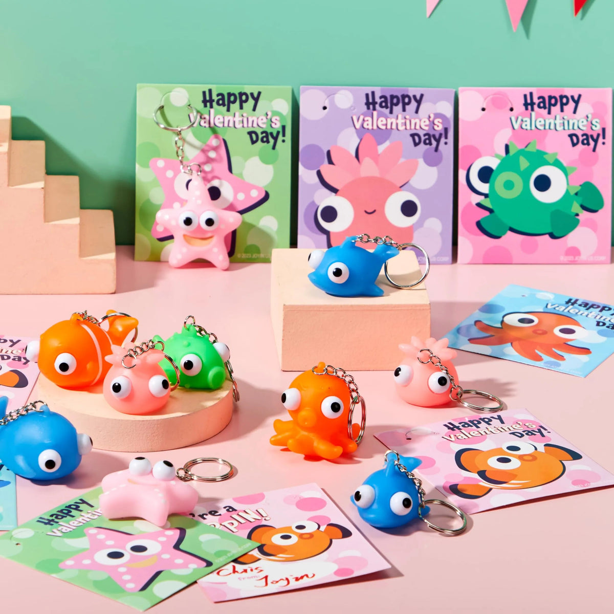 28 Valentine's Day Gift Cards with Sea Animal Pop-Eye Keychains