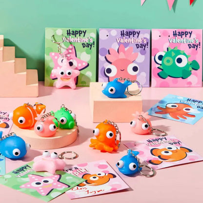 28-Pack Animal Keychains with Googly Eyes and Valentine's Day Cards for Kids