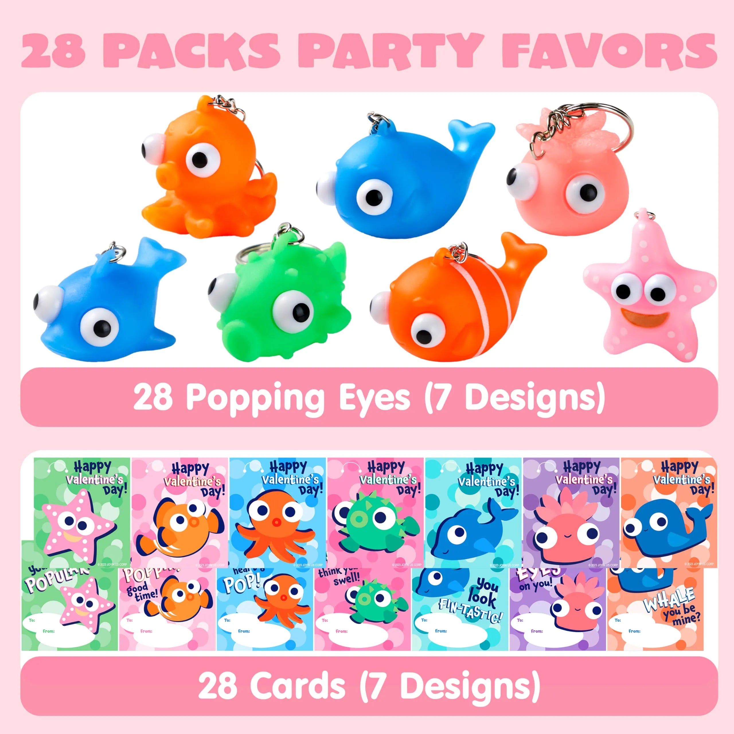 28 Valentine's Day Gift Cards with Sea Animal Pop-Eye Keychains