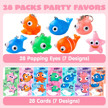 28 Valentine's Day Gift Cards with Sea Animal Pop-Eye Keychains