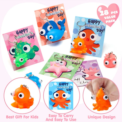 28 Valentine's Day Gift Cards with Sea Animal Pop-Eye Keychains