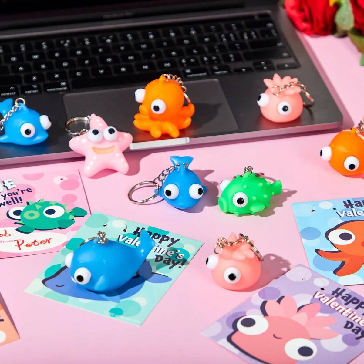 28 Valentine's Day Gift Cards with Sea Animal Pop-Eye Keychains
