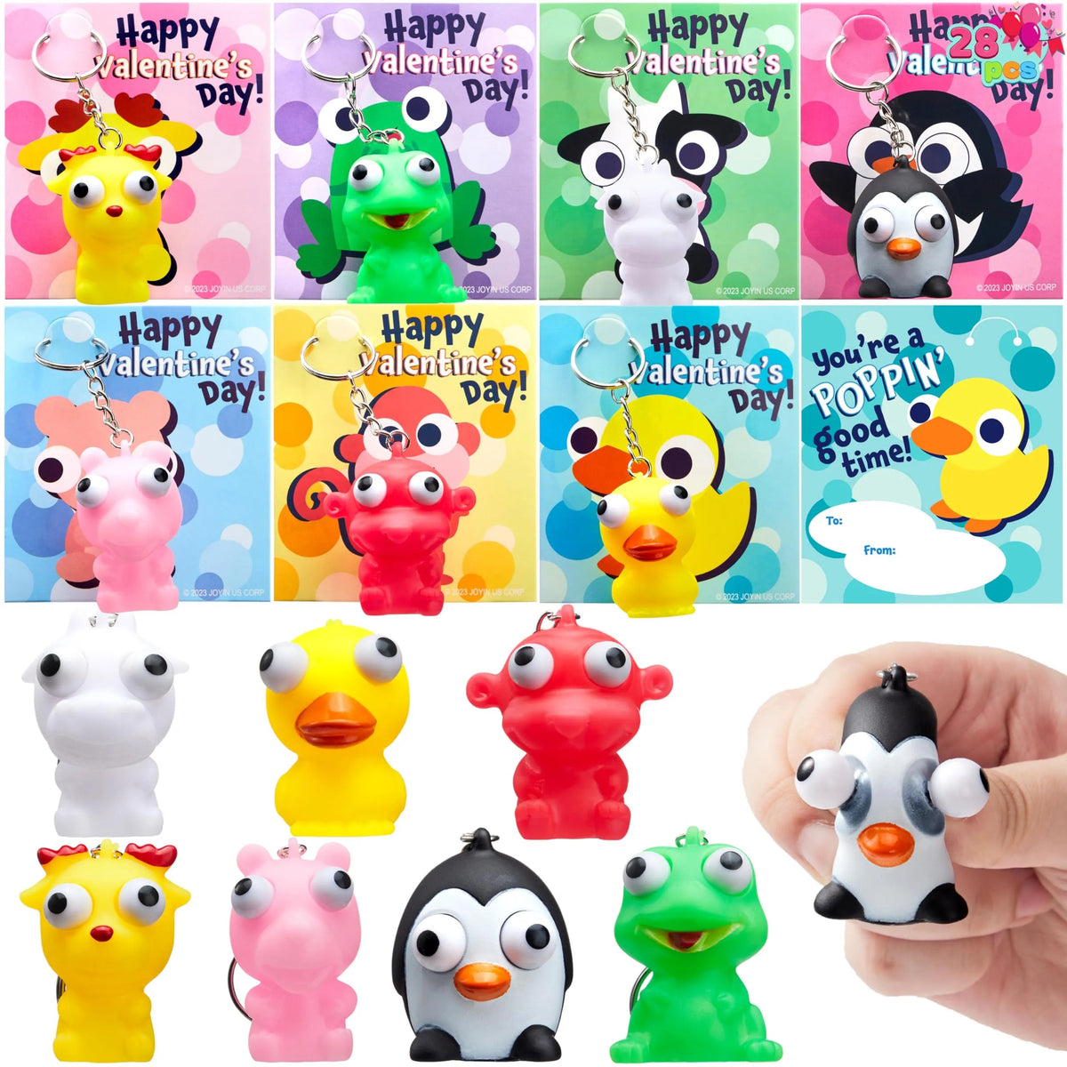 28 Packs Valentine's Day Gift Cards with Pop-Up Eyes Animal Keychains for Classroom Exchange Prizes