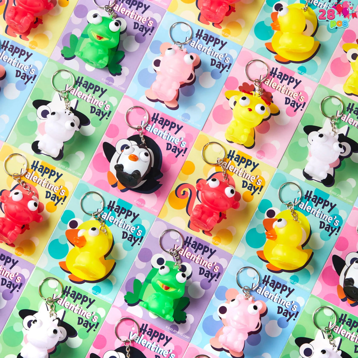 28 Packs Valentine's Day Gift Cards with Pop-Up Eyes Animal Keychains for Classroom Exchange Prizes