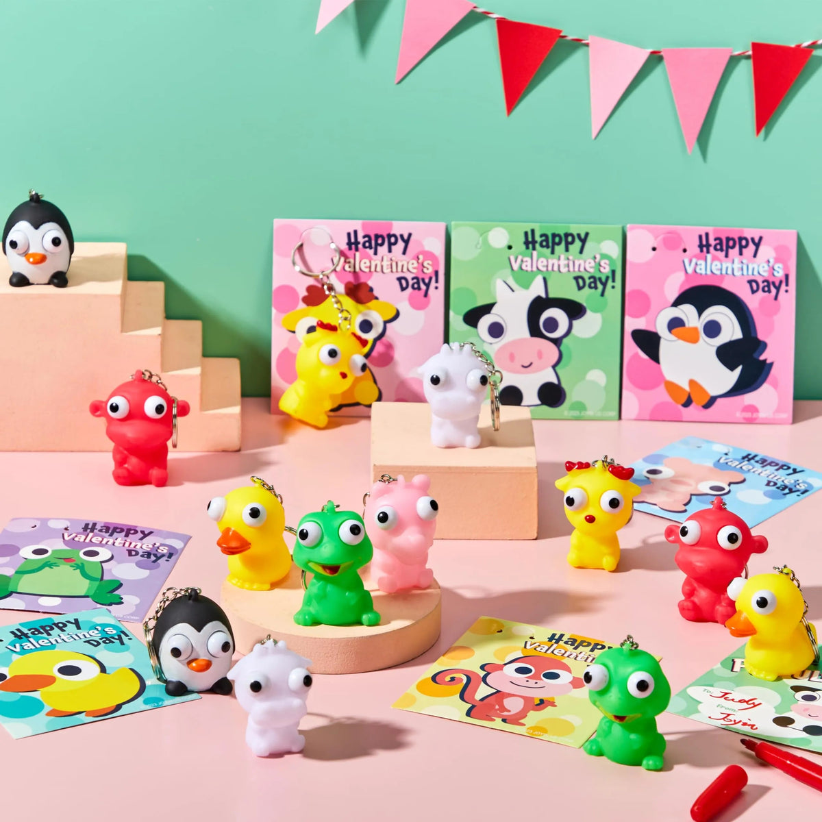 28 Packs Valentine's Day Gift Cards with Pop-Up Eyes Animal Keychains for Classroom Exchange Prizes
