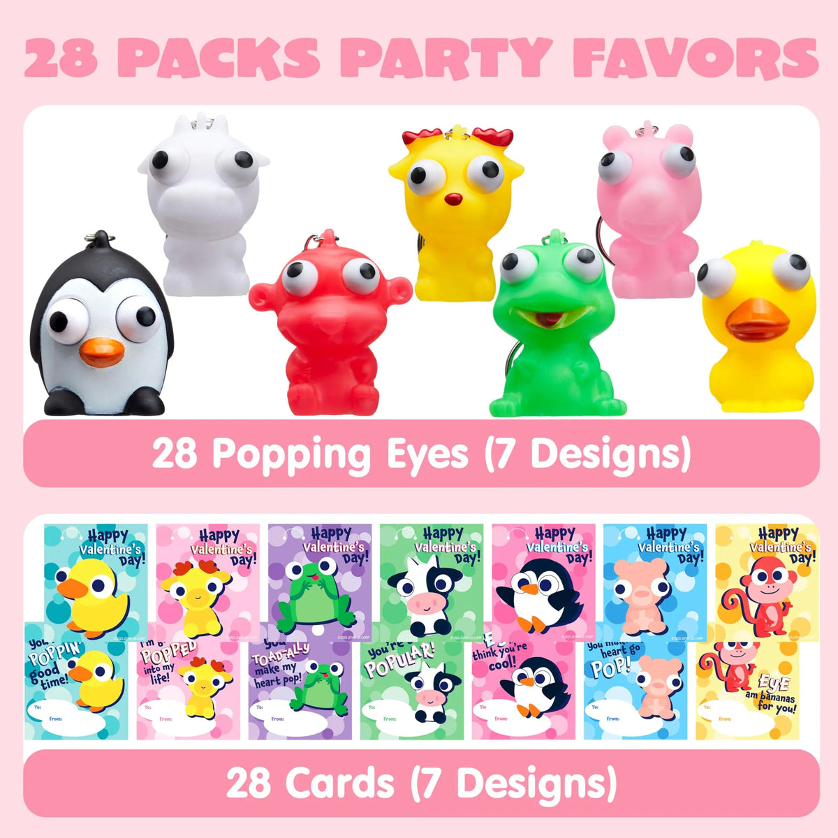 28 Packs Valentine's Day Gift Cards with Pop-Up Eyes Animal Keychains for Classroom Exchange Prizes