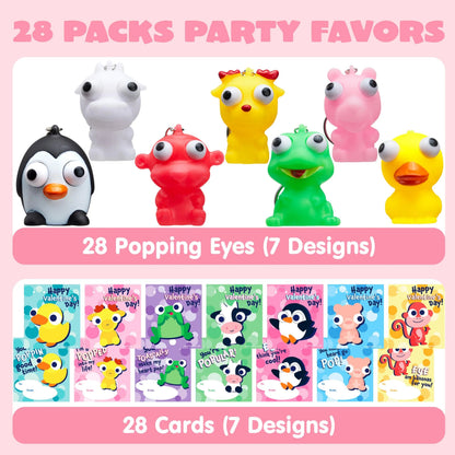 28 Packs Valentine's Day Gift Cards with Pop-Up Eyes Animal Keychains for Classroom Exchange Prizes