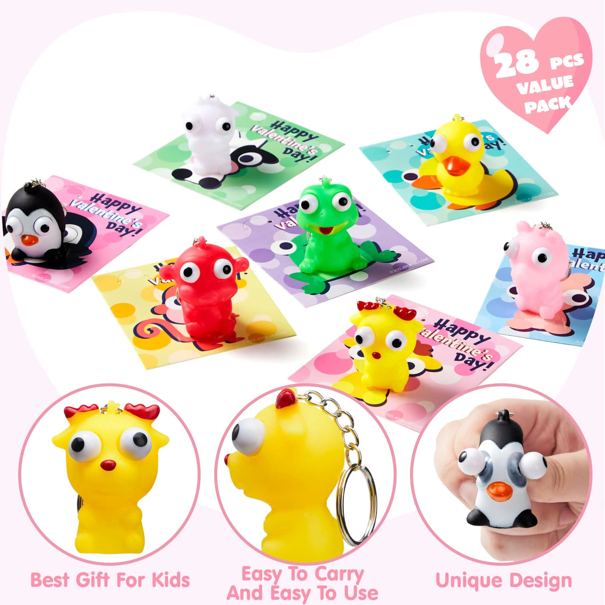 28 Packs Valentine's Day Gift Cards with Pop-Up Eyes Animal Keychains for Classroom Exchange Prizes