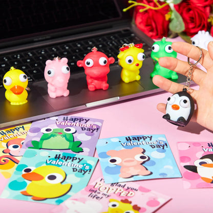 28 Packs Valentine's Day Gift Cards with Pop-Up Eyes Animal Keychains for Classroom Exchange Prizes