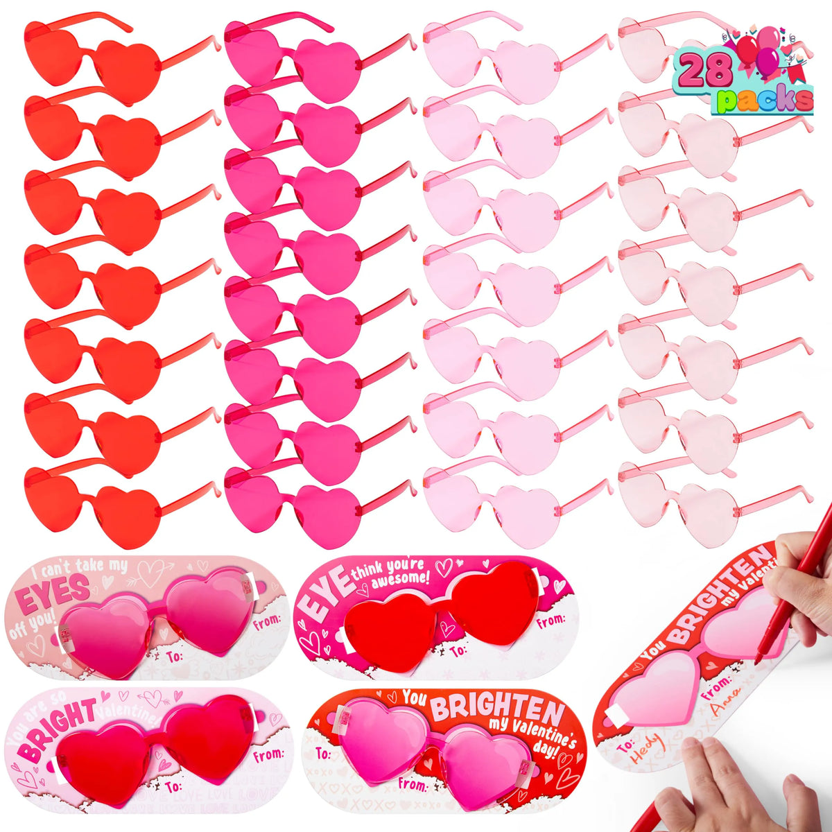 28 Packs Valentine's Day Heart Sunglasses with Cards, Classroom Exchange Gifts for Kids